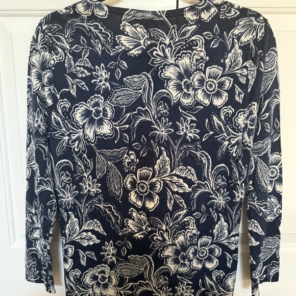 Garnet Hill Signature Eco Merino Wool Floral Crew Neck Cardigan Size L - Picture 2 of 4